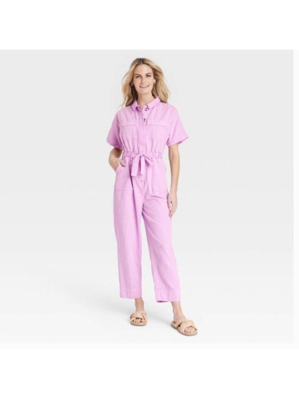 Utility Tie-Waist Jumpsuit in Light Pink